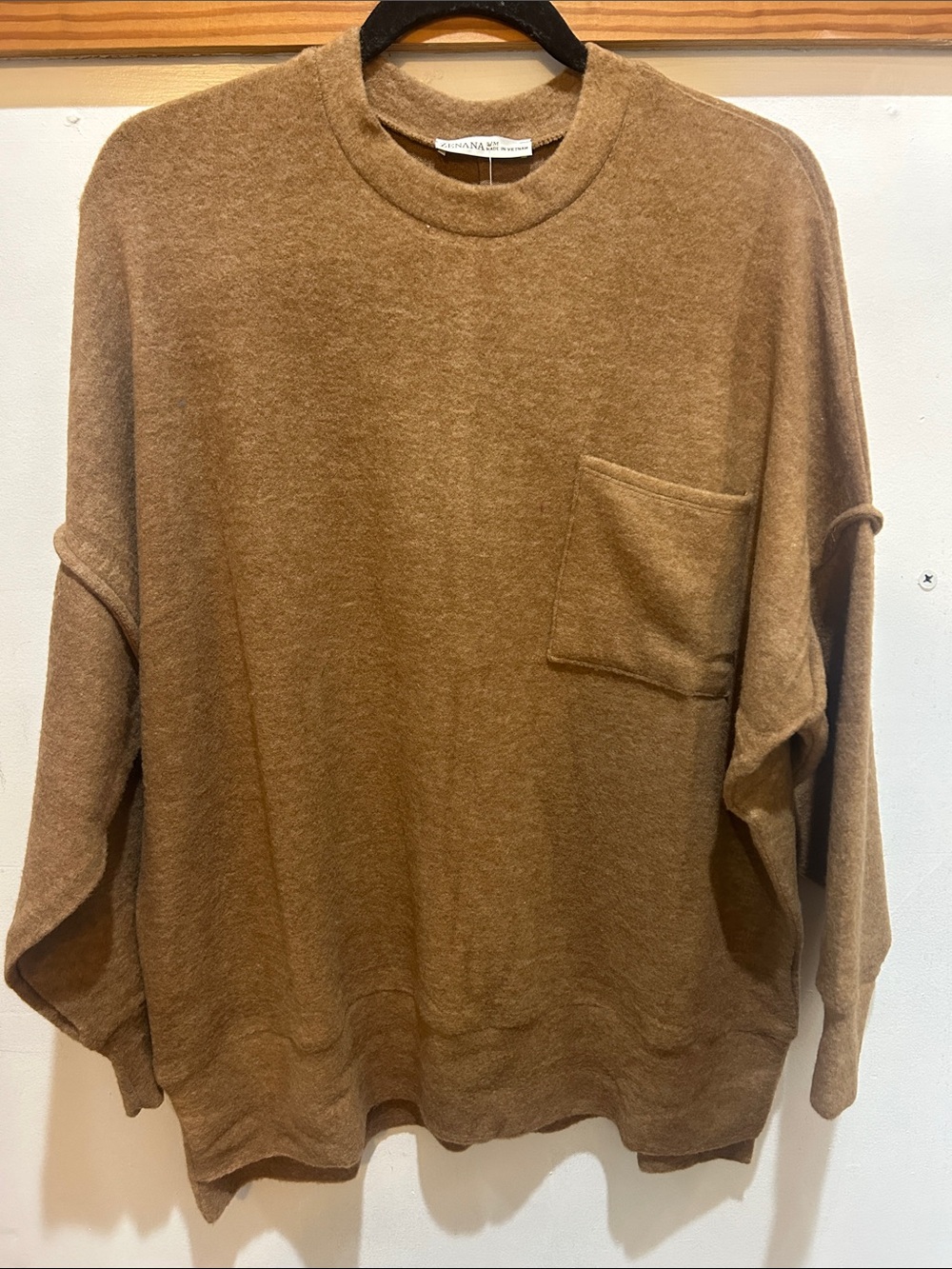 Zenana Crewneck Oversized Drop Shoulder Sweater in Camel Brown
